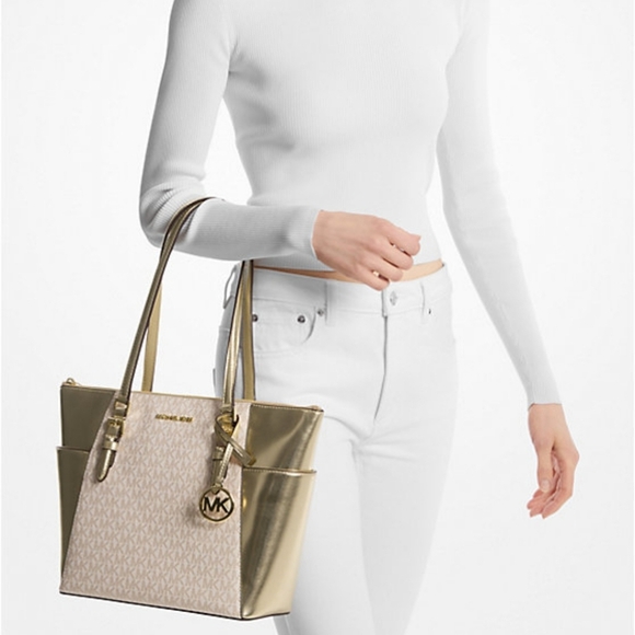 Michael Kors Charlotte Large Signature Logo and Metallic Top-Zip Tote Bag - Picture 3 of 16